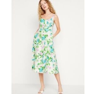 Old Navy linen floral fit flare reformation style midi Dress